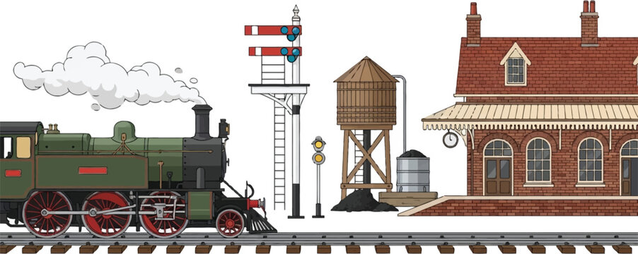 Vintage Steam Train Station Scene with Locomotive, Water Tower, and Signal