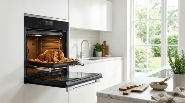High-End Modern Kitchen with Black Oven, Marble Countertop, Contemporary cabinetry integrated oven