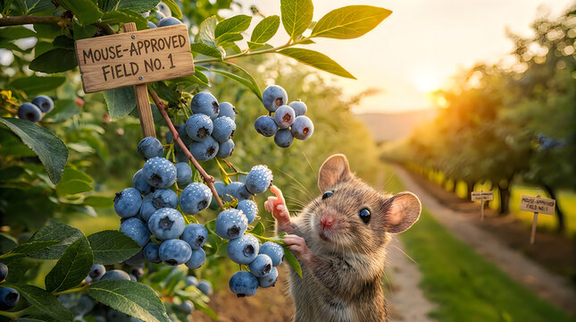 Cute little field mouse touching fresh blueberries growing on green shrub in sunny agricultural field.