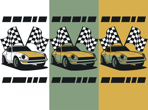 Vintage Japanese Sports Car Illustration with Checkered Racing Flags - Retro JDM Automotive Vector Art