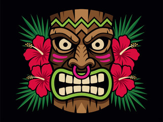Tiki Mask Illustration with Tropical Hibiscus Flowers and Palm Leaves © Yanti
