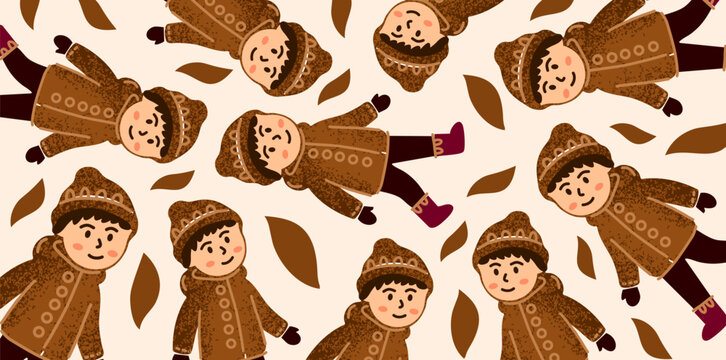 Children wearing winter coats folk pattern with leaves design