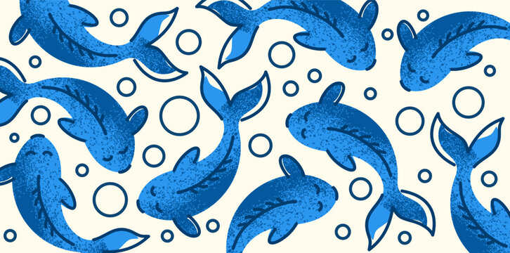 Blue dolphins swimming pattern with bubbles on cream background