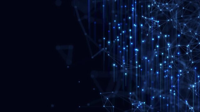 Abstract plexus of moving glowing dots and lines. Network or digital connection. Technology background. 3d rendering. 4K.