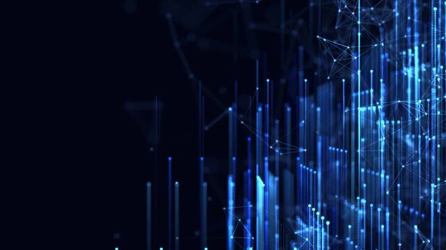 Abstract plexus of moving glowing dots and lines. Network or digital connection. Technology background. 3d rendering. 4K.