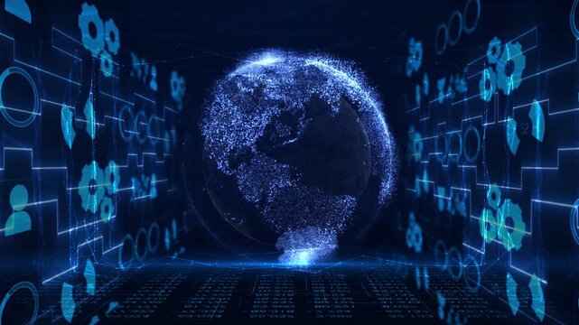 Abstract technology glowing digital earth globe big data background concept. Motion of digital data flow. Transferring of big data. Transfer and storage of data sets , block chain, server, hi-speed.