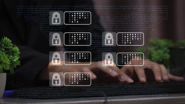 Blockchain structure showing distributed data blocks linked with encryption, representing secure transaction verification, decentralized control, and immutable record system.