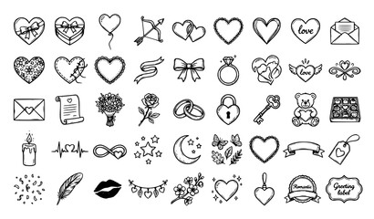 Obraz premium Love Symbol Hand Drawn Sketch Vector Pack with Heart Ribbon and Bow Elements