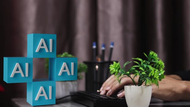 creative innovation workspace ai technology  concept, close up view of large blue artificial intelligence ai plus on office desk with person typing on keyboard.