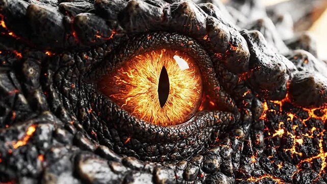 Close up macro photography of a mystical fiery dragon eye with glowing molten scales and intense golden reptilian gaze for fantasy art