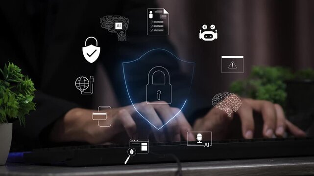 Digital Security Concept with Lock Symbol and Data Protection Icons Representing Cybersecurity Services and Technology Solutions in Modern Office.