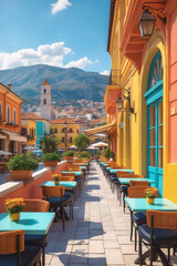 Fototapeta premium Stunning Mediterranean alley featuring travel and tourism through artistic landscape photography with bright buildings and cafes