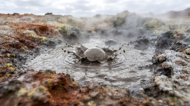 Close-up shot of a bubbling mud pot with a mud bubble splashing in a geothermal volcanic area under a cloudy sky