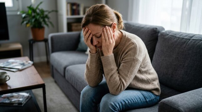 Middle-aged woman in beige sweater sitting on grey experiencing headache or fatigue feeling with hand