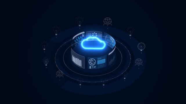 storage server concept, global business network analytics, abstract futuristic technology background with glowing neon cloud computing icon and isometric data dashboards.