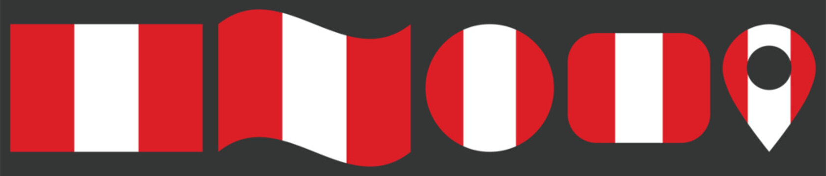 Peru Flag Vector Illustration Set Featuring Rectangular, Waving, Circular, Rounded Square and Location Pin Icons. Isolated Vector with High Detail and Clean Design.