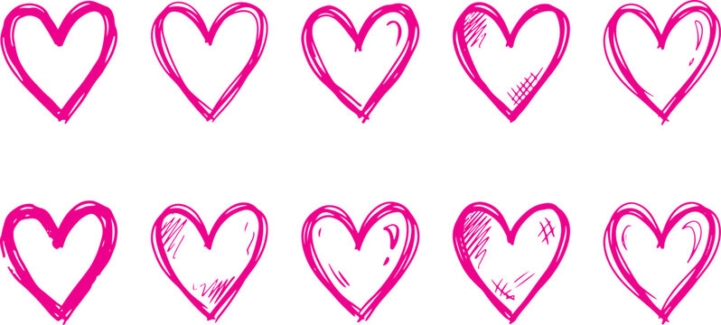 Collection of hand drawn pink scribble hearts on white background with valentine scribble handdrawn illustration ornament decoration isolated romantic marriage feminine affection