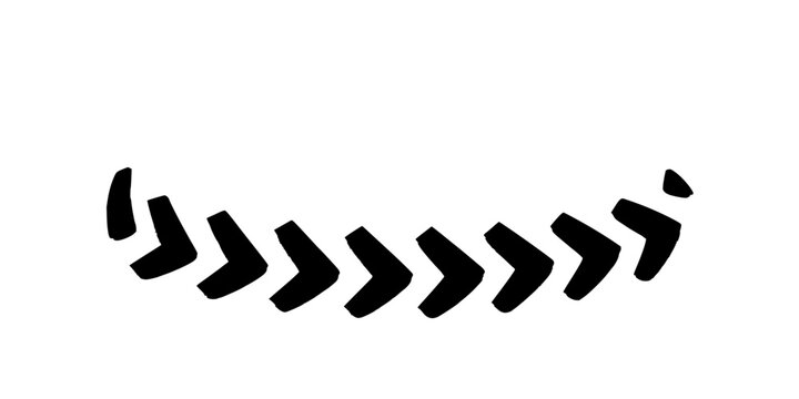 Black arrows set with circular motion and increasing size from left to right featuring vector, minimalist, line art with flat perspective and monochrome