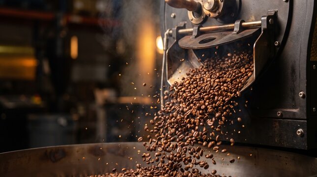 Freshly Roasted Coffee Beans Pouring from a Professional Industrial Roasting Machine into a Cooling Tray for Artisanal Coffee Production