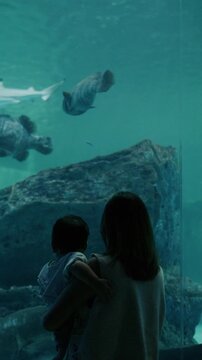 Asian mother holding her baby boy, watching big fish swimming in a giant aquarium tank.
