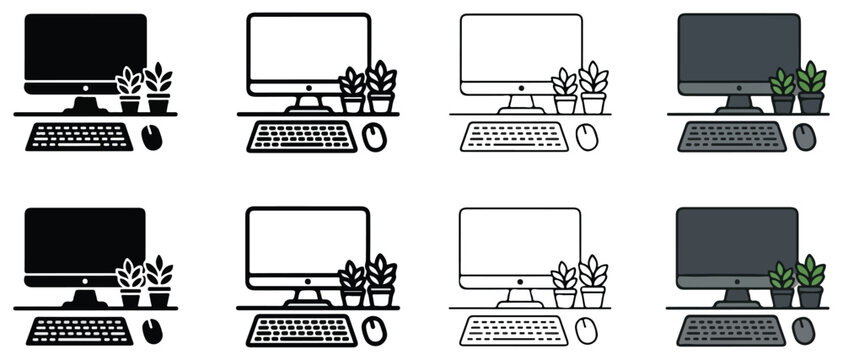 Computer monitors with plants on desk in various styles and colors  office setup with keyboard and mouse