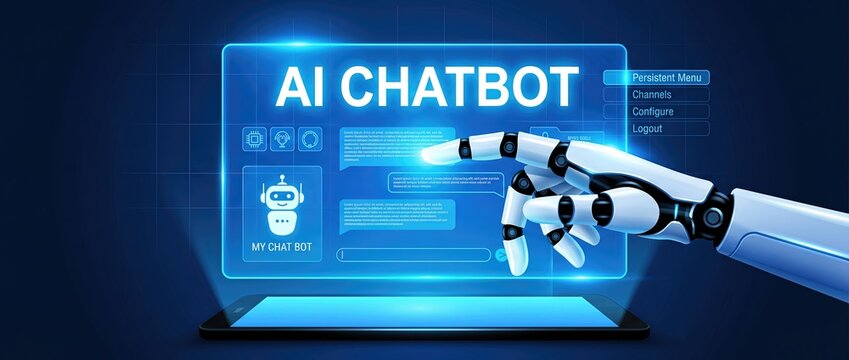 A futuristic ai chatbot interaction featuring a robotic hand gesturing towards a holographic display highlighting cutting edge technology and innovative communication solutions.