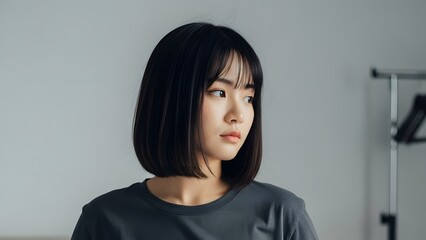 Fototapeta premium Beautiful young Asian woman with stylish black bob haircut looking sideways