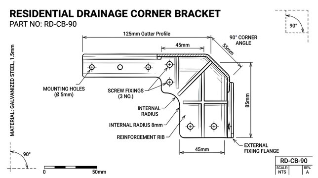 Technical Drawing of a Metal Drainage Corner Bracket