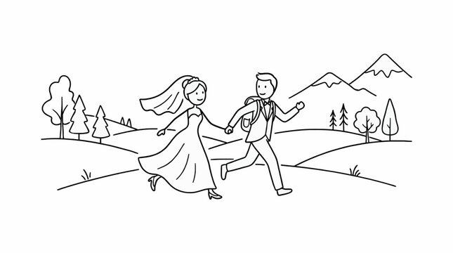 Bride and Groom Eloping, Running Hand-in-Hand Through Serene Landscape with Mountains and Trees, Minimalist Line Art Vector Illustration