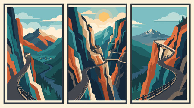 Stylized vector illustration of a winding mountain road featuring dramatic cliffs and a vibrant sunset in a classic triptych format