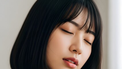 Fototapeta premium Close Up Serene Young Asian Woman With Closed Eyes For Beauty Wellness