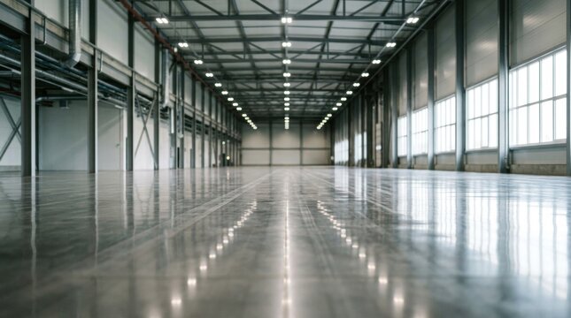 Modern warehouse interior with shiny reflective floor, bright Abstract blurred factory and room background