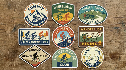 Set of vintage style cycling club stickers and badges with mountain bike themes. © Ira Project