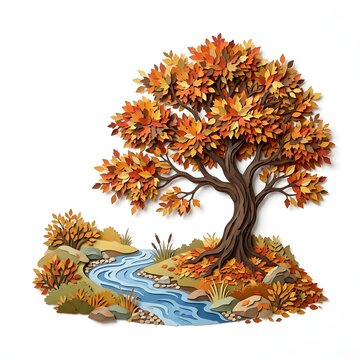 Autumn tree with colorful leaves near a small river