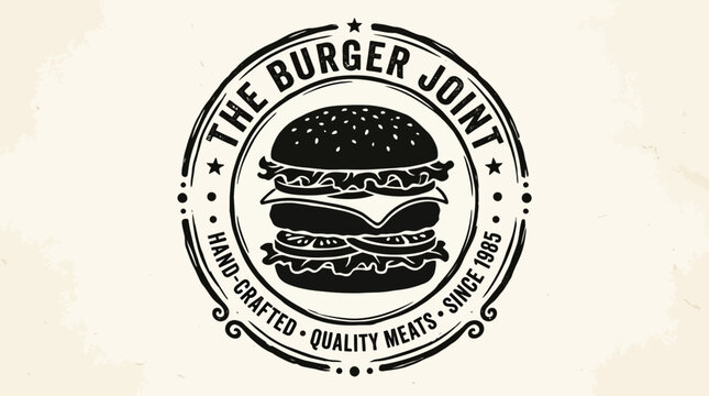 Vintage style circular logo design for a burger restaurant featuring a classic hamburger illustration.