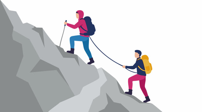 Flat vector illustration of two people climbing a mountain, depicting teamwork