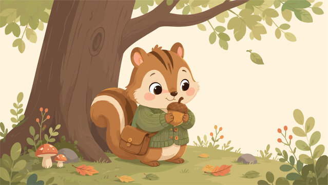 Adorable Cartoon Squirrel Wearing a Green Sweater Holding an Acorn Under a Big Tree in Autumn Forest