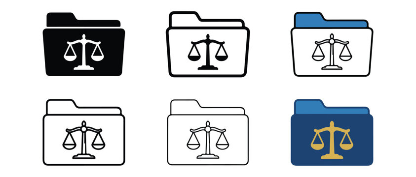Justice law icons of file folders with scales of justice on white background  symbolizing fairness and equality in legal documents and cases