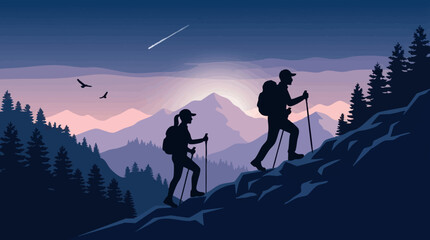 Silhouettes of hikers on mountain path at dawn with shooting star © GraphWorks