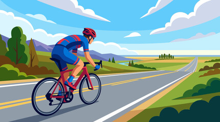 Naklejka premium A professional cyclist riding a bicycle on a scenic asphalt road through the countryside.