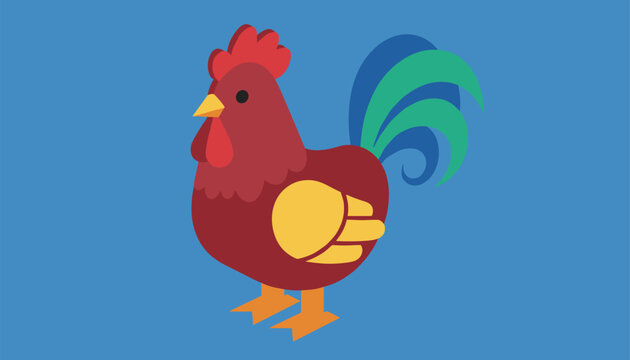 Colorful rooster with red body, yellow wing, and bright green and blue tail feathers standing on a blue background.