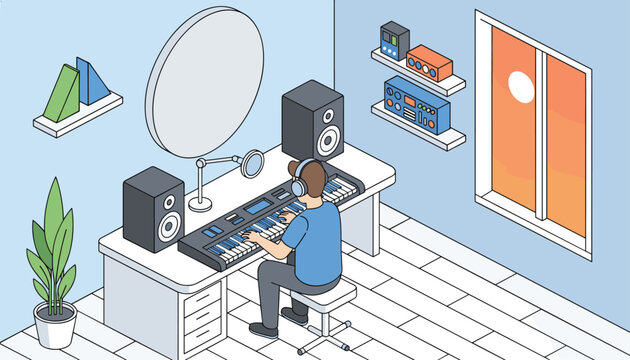 Talented young male music producer wearing headphones playing MIDI keyboard in a cozy home recording studio at sunset.