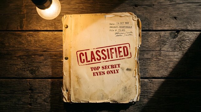 Vintage folder with classified top secret stamp on a rustic wooden table under a dim light bulb