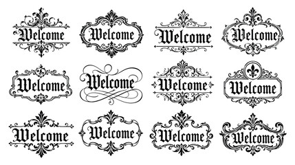 Classic welcome badges with gothic typography and symmetrical victorian filigree accents. © MdJubayer