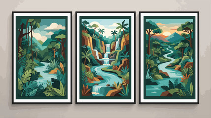 Obraz premium Three framed vector wall art panels showcasing vibrant tropical jungle landscapes with flowing rivers and majestic waterfalls in flat style