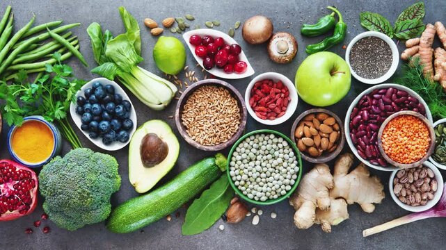 Assortment of Fresh Healthy Superfoods Including Vegetables Fruits Seeds and Nuts on Grey Background