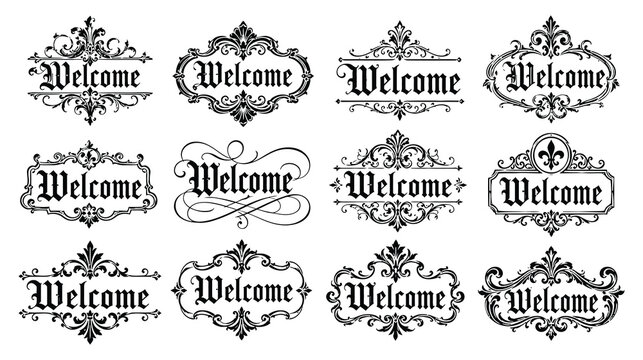 Classic welcome badges with gothic typography and symmetrical victorian filigree accents.