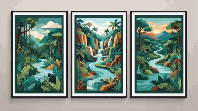 Three framed vector wall art panels showcasing vibrant tropical jungle landscapes with flowing rivers and majestic waterfalls in flat style