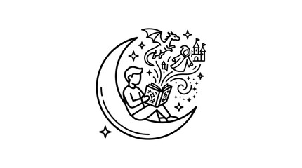 Obraz premium Clean Black and White of Child Reading Under Moon with Magical Creatures and Castle with high quality professional line art symbols for modern creative design and digital branding projects