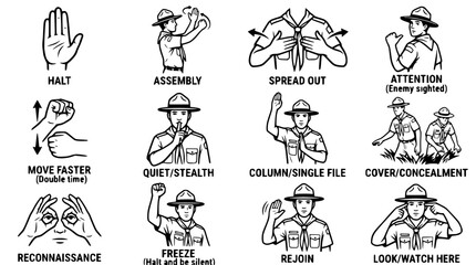 Obraz premium Scout Hand Signals Chart: Halt, Assembly, Spread Out, Attention, Move Faster, Quiet, Column, Cover, Reconnaissance, Freeze, Rejoin, Look/Watch